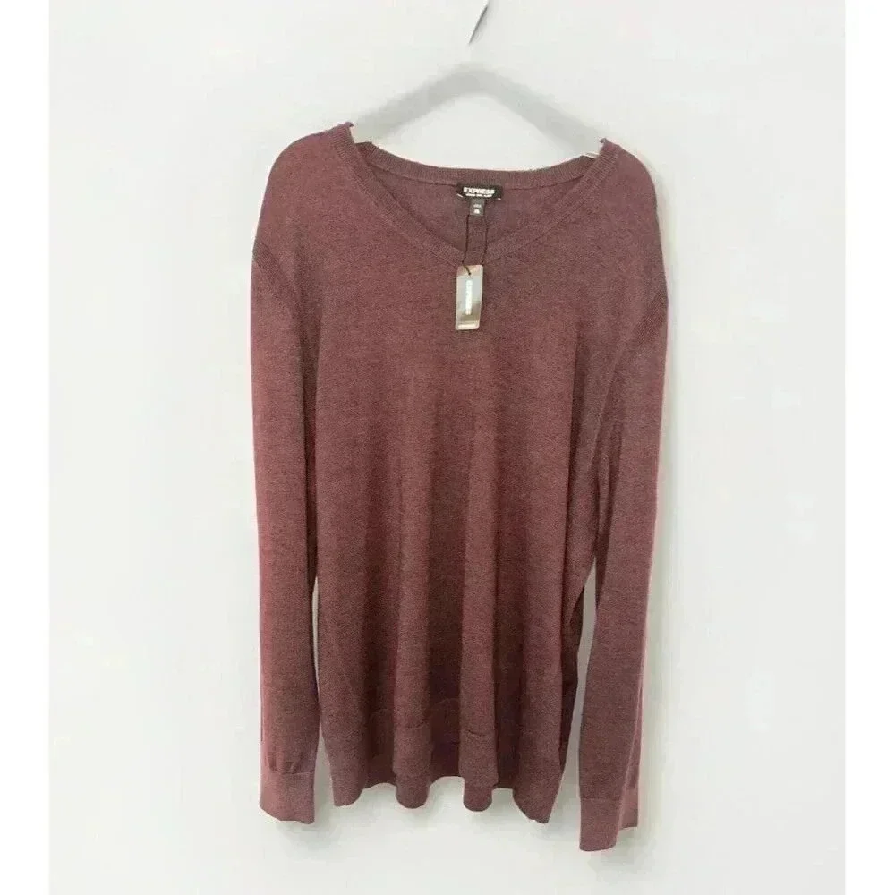 NEW Express Mens Sz XXL Merino Wool Blend V Neck Sweater Maroon Burgundy Classic